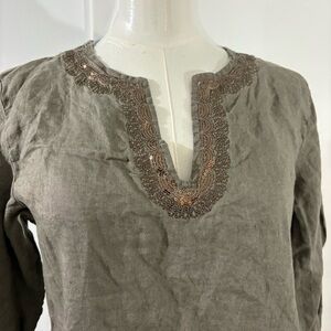 Lulu-B 100% Linen Womens S Blouse Brown Resort Travel Coverup Embellished Sequin